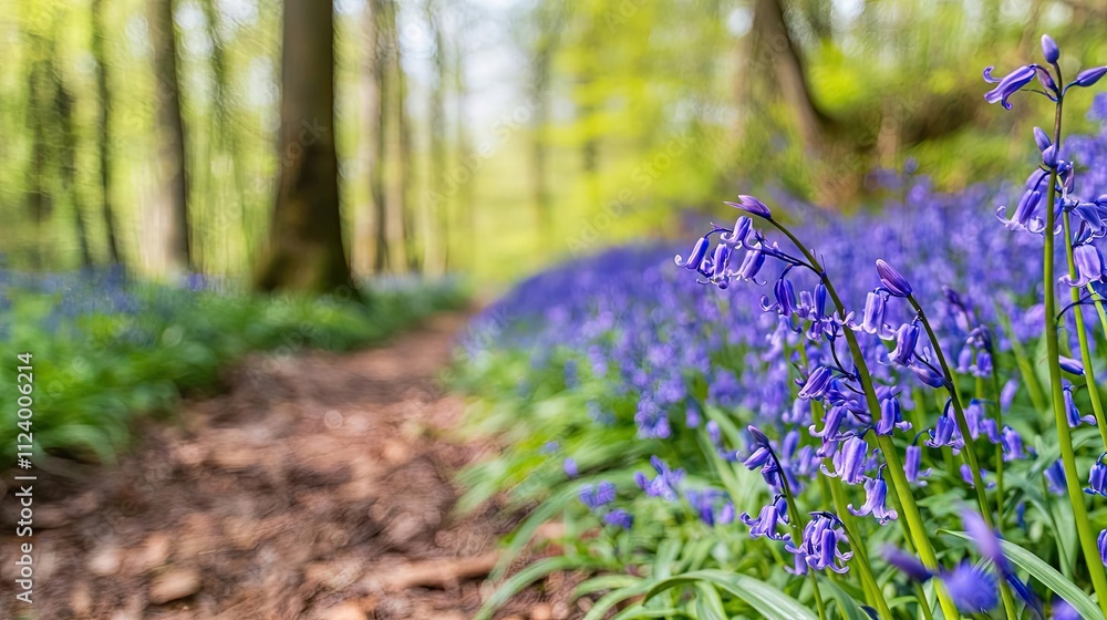 Poster a serene forest scene with blooming bluebells and sunlight filtering through trees.