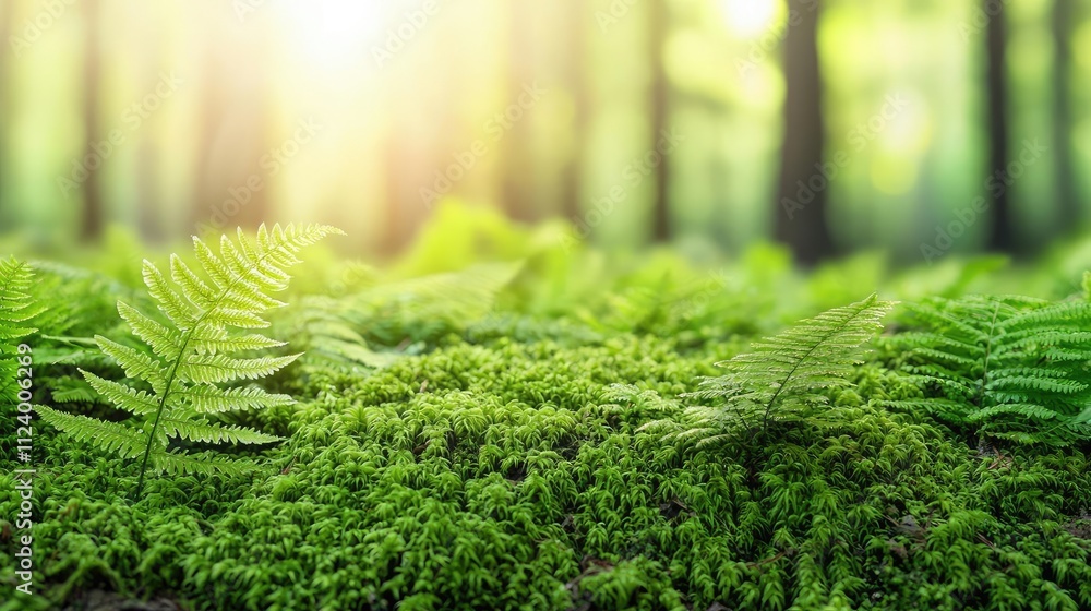 Poster lush green ferns and moss basking in soft sunlight in a serene forest setting.