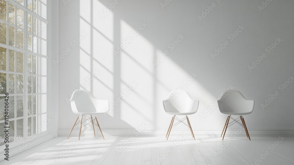 Poster sunlight streams into a minimalist room with three white chairs and large window.