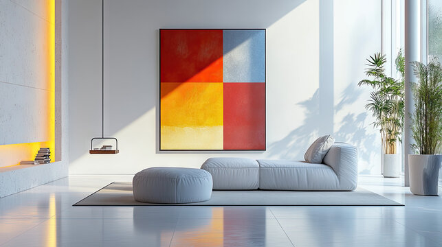 a minimalist white room with a large, bold-colored abstract painting on the wall, featuring geometric shapes and unexpected visual elements like floating books or a suspended planter. the lighting is 