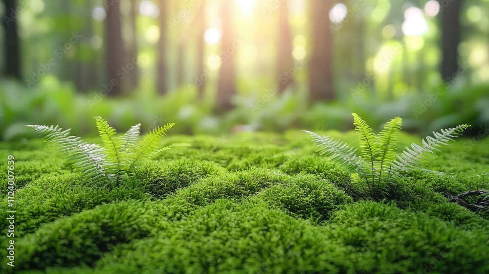 Poster lush green ferns growing on moss in a serene forest with soft sunlight filtering through trees.