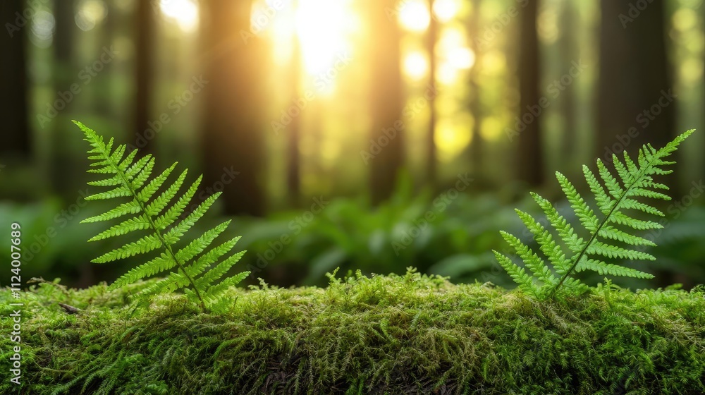 Aufkleber Lush green ferns in a serene forest setting with soft sunlight filtering through trees.