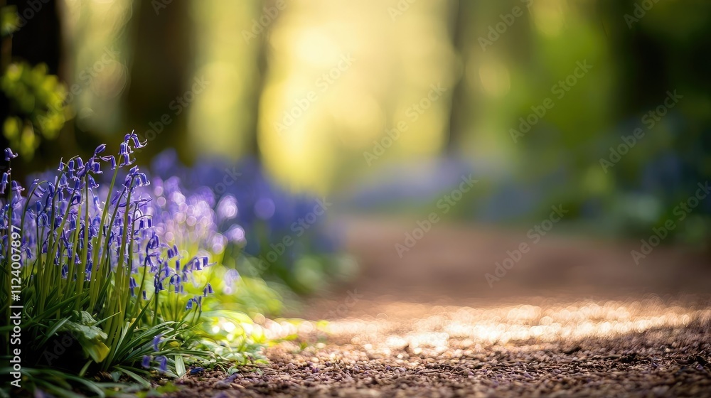 Poster a serene forest path lined with vibrant bluebell flowers in soft sunlight.
