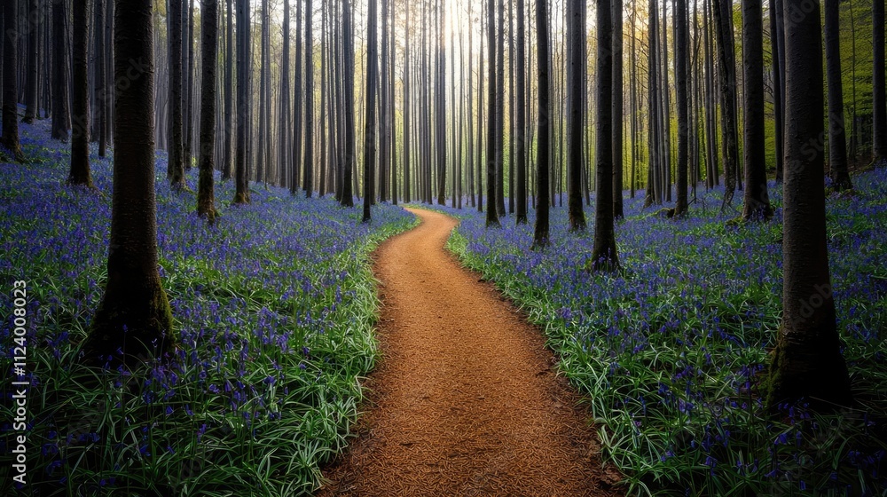 Aufkleber a serene forest path surrounded by blooming bluebells and tall trees under soft sunlight.