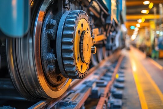 Close-Up of Train Wheel Assembly Highlights Metal Components and Industrial Environment in Railway Workshop Setting, Capturing the Essence of Transportation Mechanics