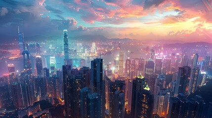 Obraz premium Hong Kong Cityscape at Twilight: A Panoramic View of Skyscrapers and Vibrant Lights
