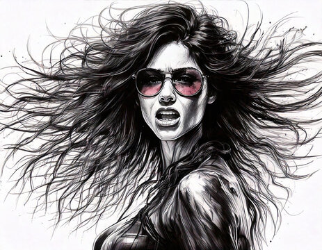 A black and white illustration of a stylish woman with glasses