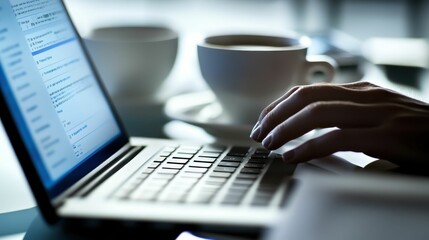 Person's hand types on laptop keyboard; coffee cups nearby.