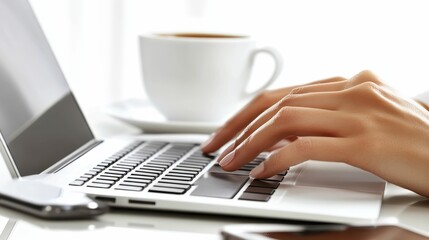 Fototapeta premium Hands typing on laptop, coffee nearby.