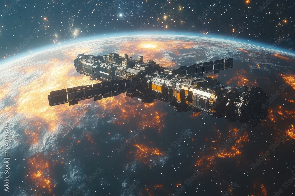 Poster a futuristic spaceship orbiting a fiery planet in space.
