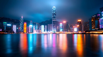 Fototapeta premium Hong Kong cityscape, night view, colorful skyscrapers, waterfront