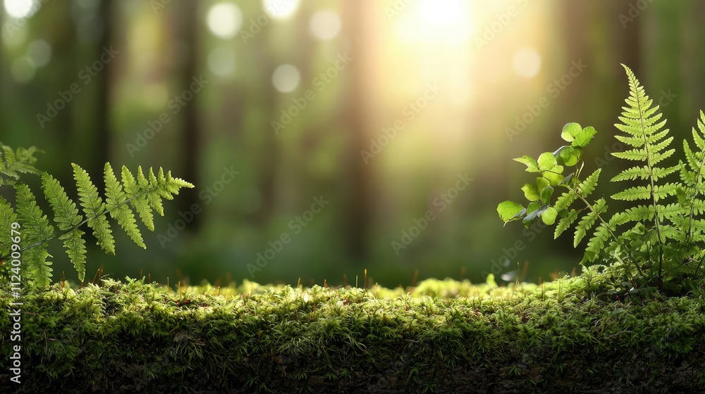 Poster A serene forest scene with ferns and soft light filtering through trees, showcasing nature.