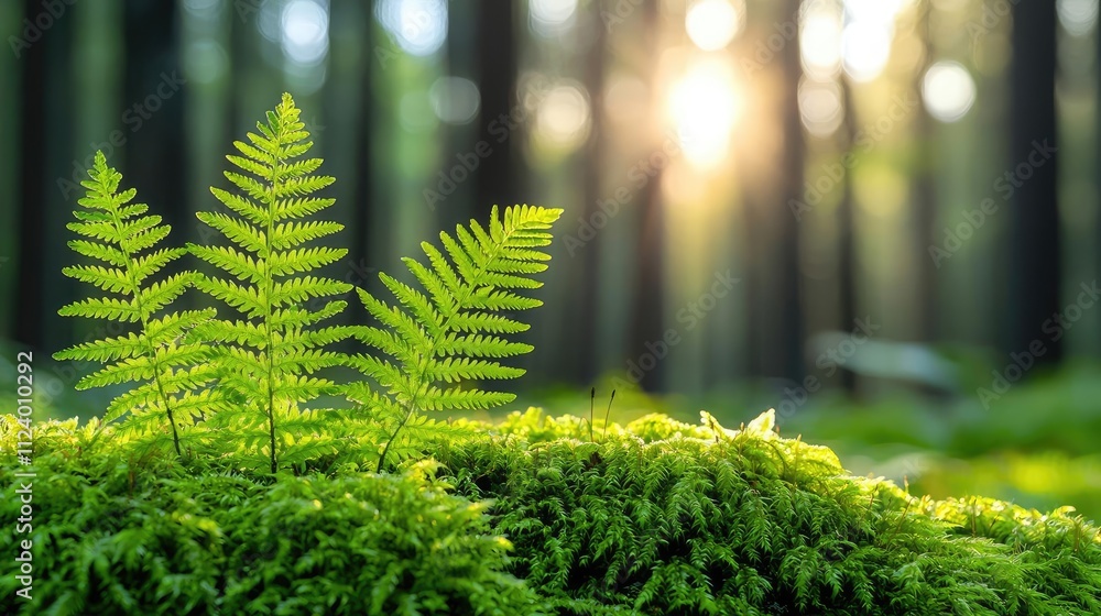 Poster a lush green fern growing in a vibrant forest with soft sunlight filtering through trees.