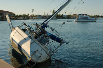 Wide view Derelict boat on the edge of the concrete Seawall on Boca Ciega Bay in St Pete Beach FL. Blue Sky and calm water.