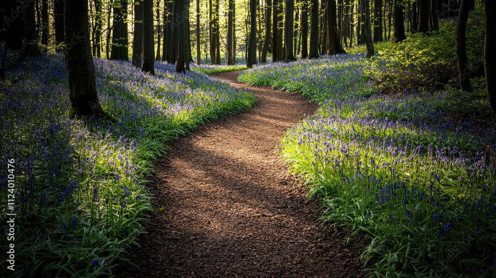 Poster a tranquil forest path surrounded by blooming flowers and sunlight filtering through trees.