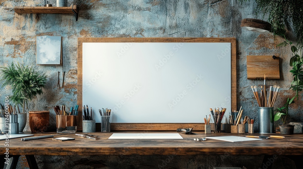 Aufkleber an artist's workspace with tools and a blank canvas for creation.