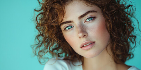 Fototapeta premium A close up portrait of an elegant woman with curly brown hair, showcasing her blue eyes and delicate facial features against a pastel turquoise background, generative AI