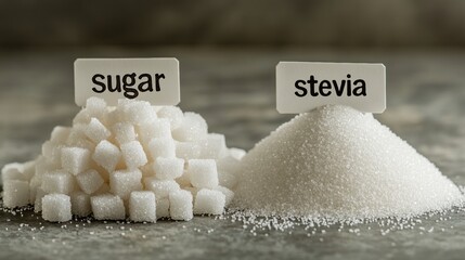 Sugar vs. Stevia Comparison of Natural Sweetener and Traditional White Sugar on Grey Background