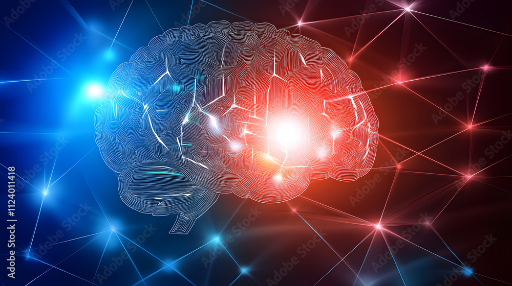 Poster a futuristic brain illustration with glowing connections, representing artificial intelligence, neur