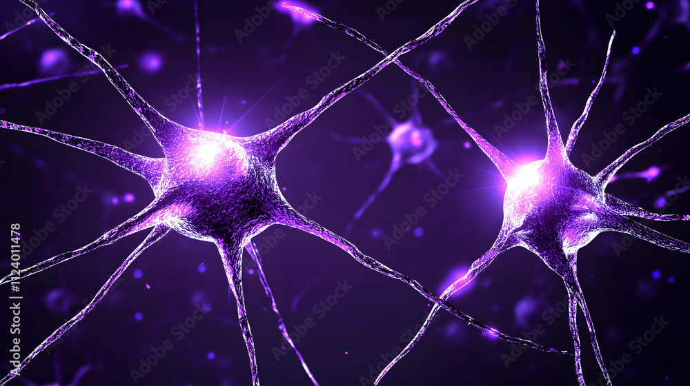 Poster a vibrant depiction of neurons interconnected in a purple space, showcasing the intricate structure 