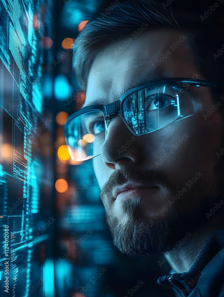 Poster a focused individual with glasses gazes at a digital interface filled with data.