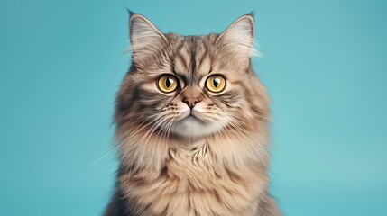 Obraz premium A majestic feline with striking yellow eyes against a vibrant blue background.