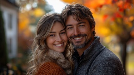 Fototapeta premium A happy couple poses together in a colorful autumn setting.