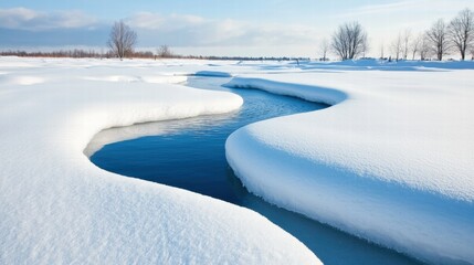 A serene winter landscape featuring a meandering stream surrounded by fresh, untouched snow under a bright blue sky.