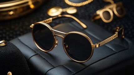 Luxury Gold-Rimmed Sunglasses on Black Leather A Bold Statement of Style and Sophistication.