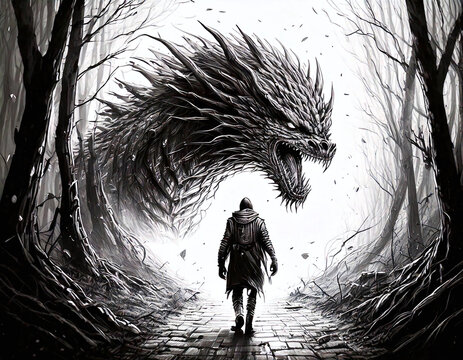 A solitary figure stands amidst the forest, shadowed by a dragon.






