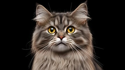 Fototapeta premium Close-up portrait of a majestic gray cat with striking yellow eyes on a black background.