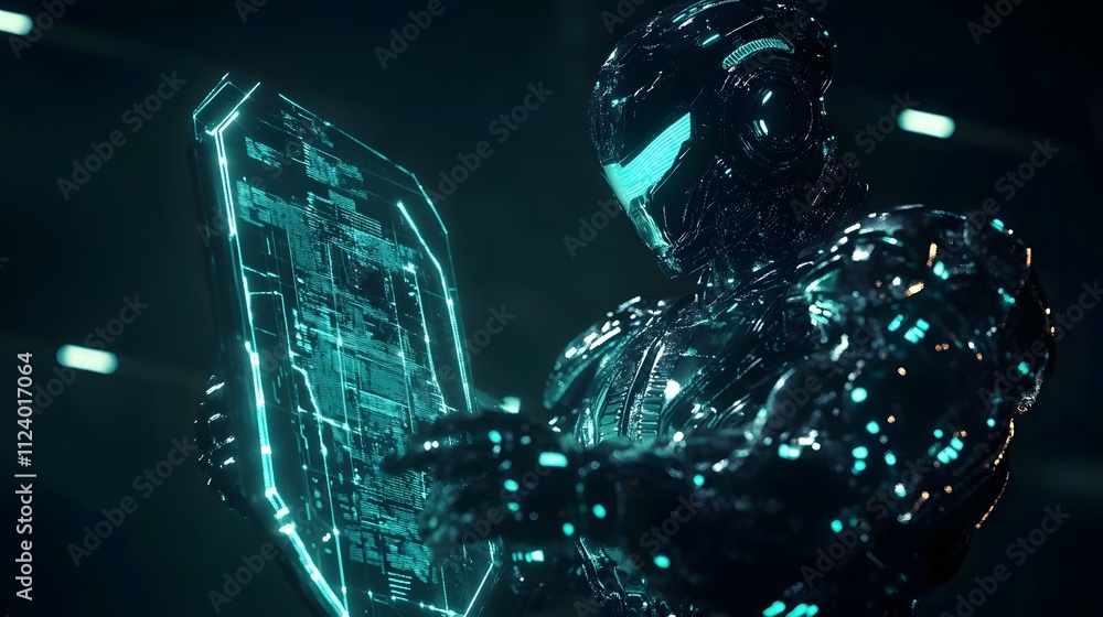Poster a futuristic robot interacting with a holographic interface, showcasing advanced technology.