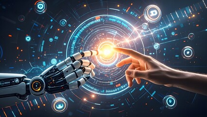 Obraz premium Hands of robot and human touching on big data network connection background, AI