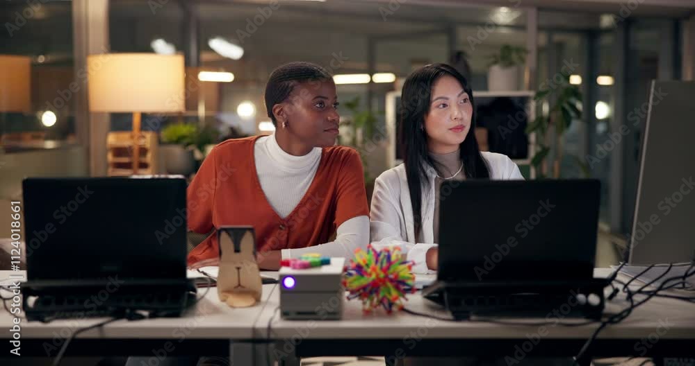 Fototapete Computer, web development and question with business women in office at night for project management. Collaboration, creative and feedback with website developer people in workplace for programming
