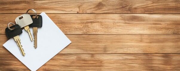A close-up of keys resting on a wooden surface alongside a blank note for reminders.