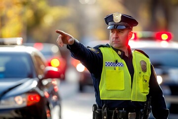 Obraz premium A dedicated male police officer managing traffic flow during peak hours.