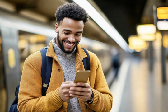 Enthusiastic man using his smartphone in a bustling train station.