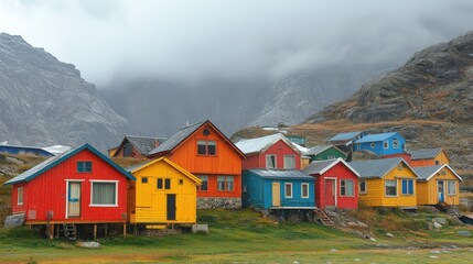 Colorful houses nestled in a mountainous landscape under a cloudy sky.
