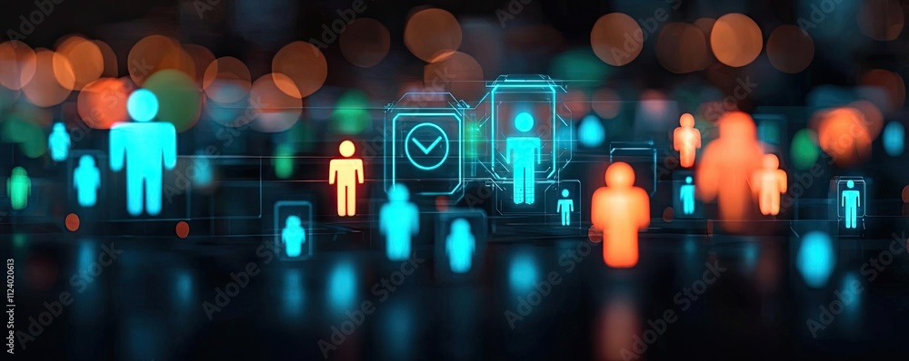 Poster dynamic digital representation of people in a networked environment with glowing icons.