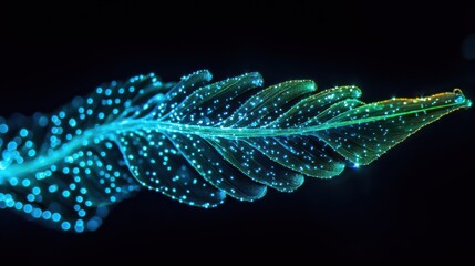 A surreal representation of a vibrant energy stream shaped like an arrow, composed of flowing bioluminescent filaments in blue and green tones, glowing against a pitch-black background