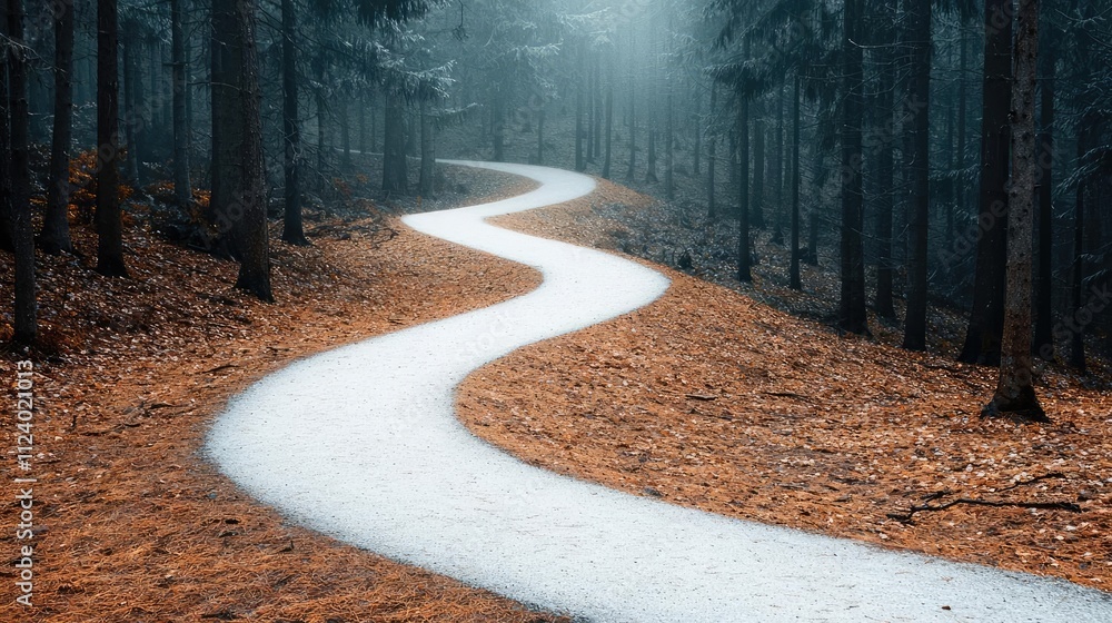 Poster a winding path through a tranquil forest with mist and fallen leaves creating a serene scene.