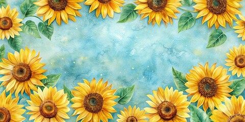 Obraz premium Vibrant Watercolor Sunflowers Encircling a Soft Blue Background Ideal for Summer Designs