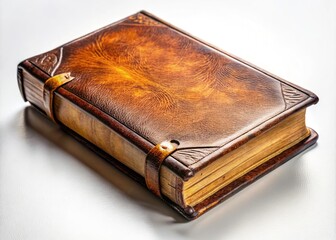 Obraz premium Aerial View Antique Leather Bible, Aged Book, Holy Scripture, Religious Text, Vintage Book Photography, White Background