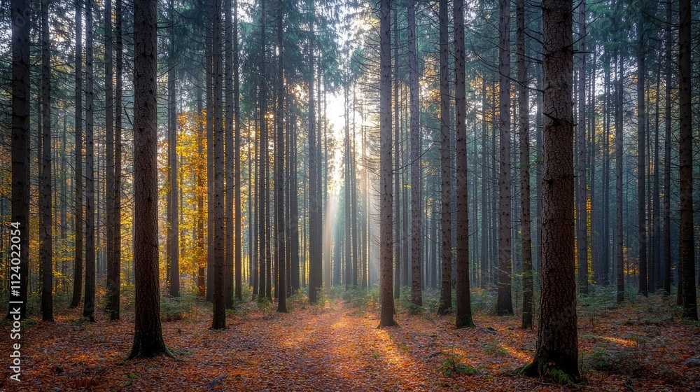 Poster a serene forest scene with tall trees and sunlight filtering through the branches.