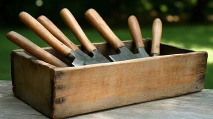 Rustic Wooden Box with Vintage Gardening Tools Trowels and Hand Tools