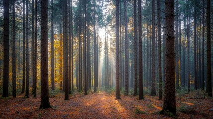Obraz premium A serene forest scene with tall trees and sunlight filtering through the branches.