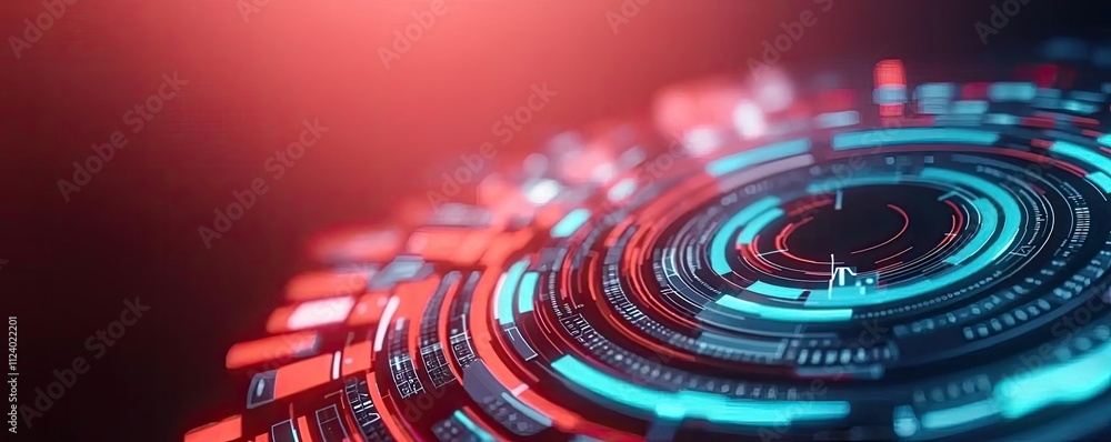 Poster futuristic digital interface with glowing circles and lines in red and blue tones.