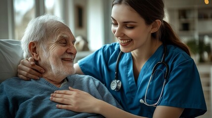 Obraz premium Smiling healthcare worker in blue scrubs