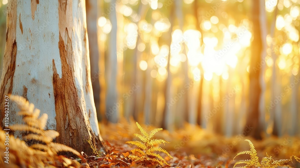 Poster beautiful forest scene with sunlight filtering through trees and ferns on the forest floor.