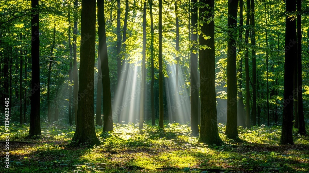 Poster sunlight filters through lush trees in a serene forest, creating a tranquil atmosphere.
